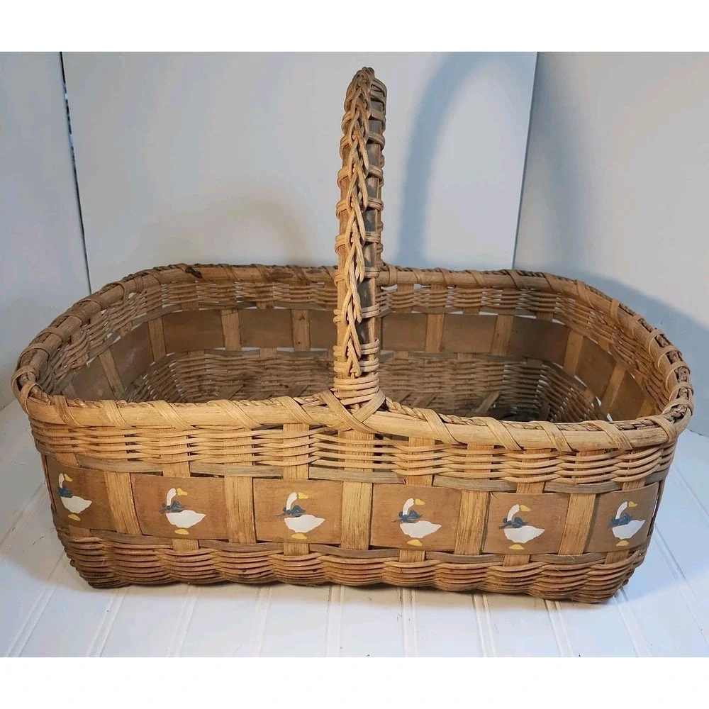 Vintage Woven Basket Goose Geese W/ Handle Large Cottage Core Rustic Farmhouse